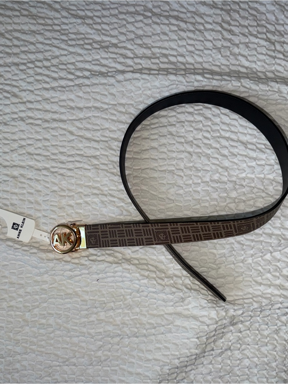 Anne Klein Brown Logo-Pattern Belt with Gold AK Buckle